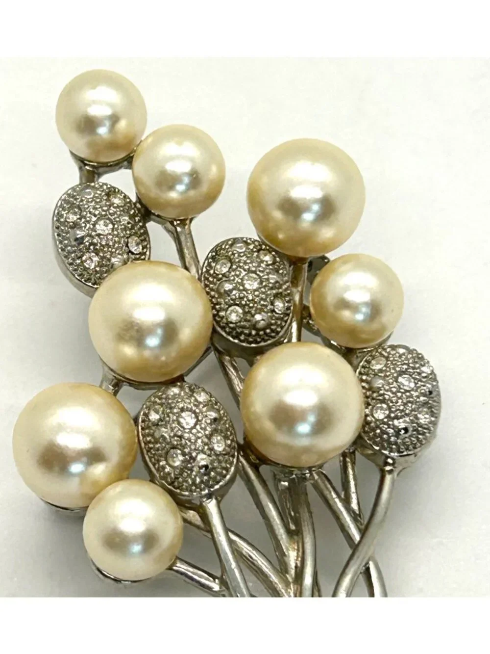 Vintage Faux Pearl Brooch Statement Silver-tone Balloon Bouquet with Bow 2.5 In